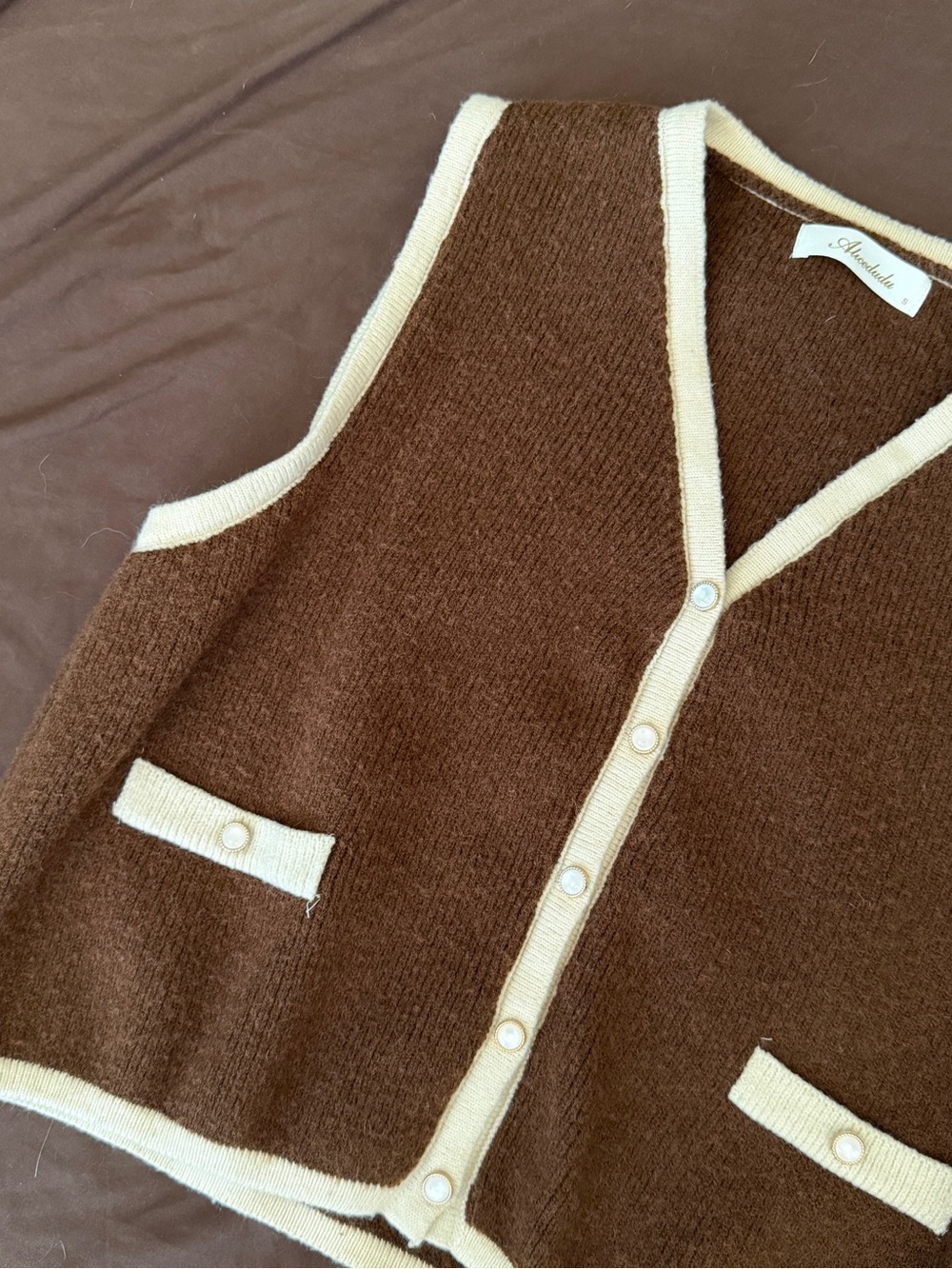 Brown Knit Sweater Vest with Cream Trim - Picture 2 of 5